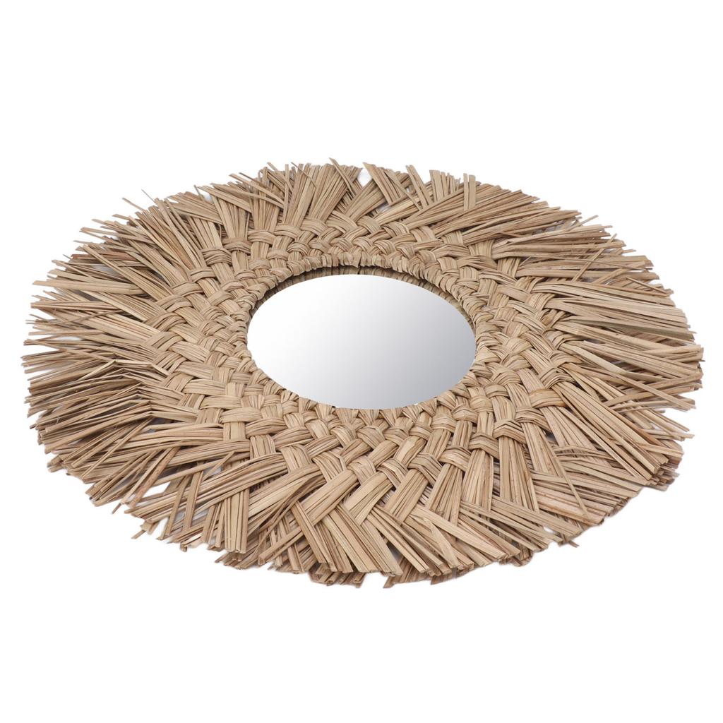 Straw Weaving Wall Mirror Retro Beautiful Woven Wall Hanging Mirror for Dorm Room Decoration Nature