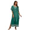 Bikini Cover Up Dress V-Neck Short Sleeve Loose Fit Robe Beach Sun Top Ethnic Style Pattern Side Slit Long Beach Dress