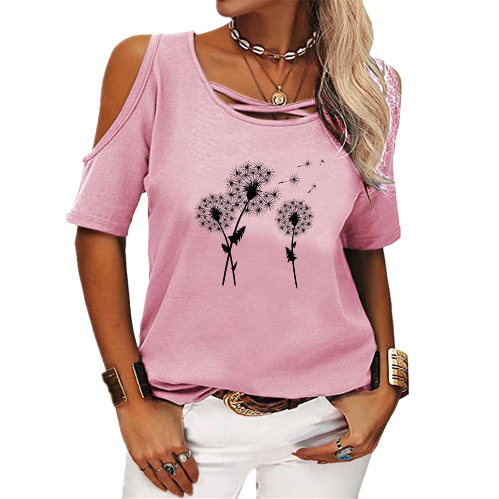 Women Fashion Off Shoulder T-shirt Ladies Casual Round Neck Floral Print Top Summer Short Sleeve Tee Shirt