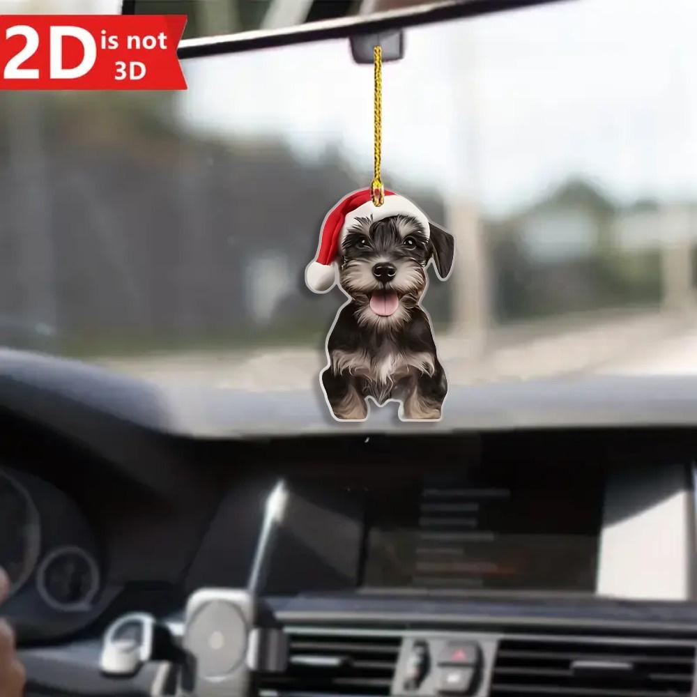 2D Schnauzer In Christmas Hat. Car Decor, Tree Ornament, Keychain & Couple Gift.