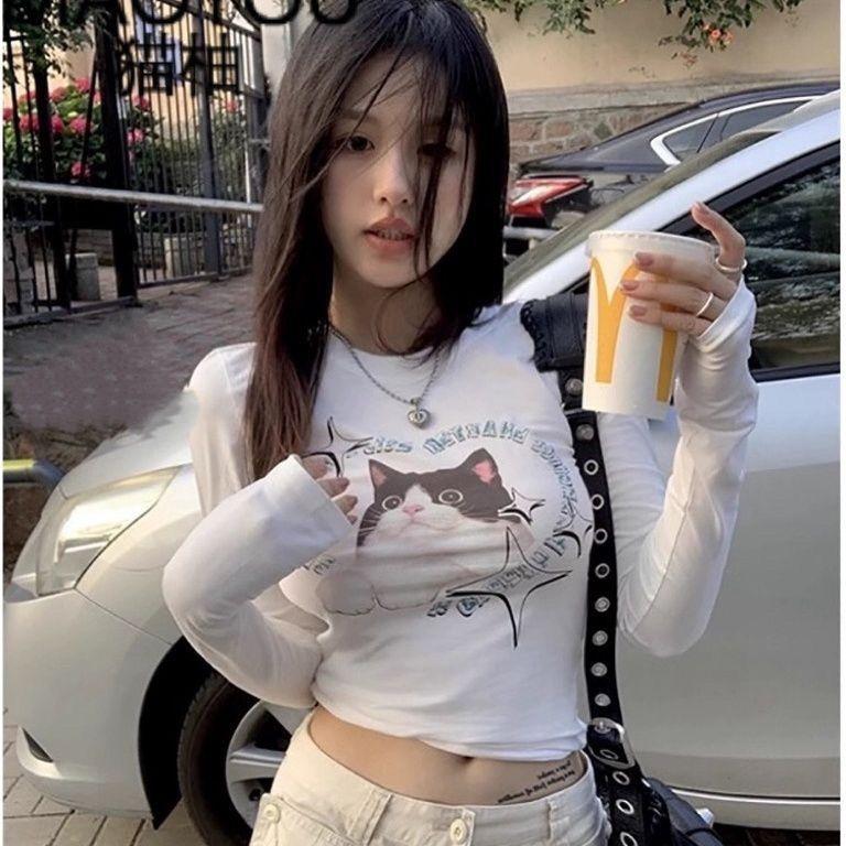 Girls Cartoon Tees Long Sleeve Women Y2K Tops Inner Tops Cute Street Wear