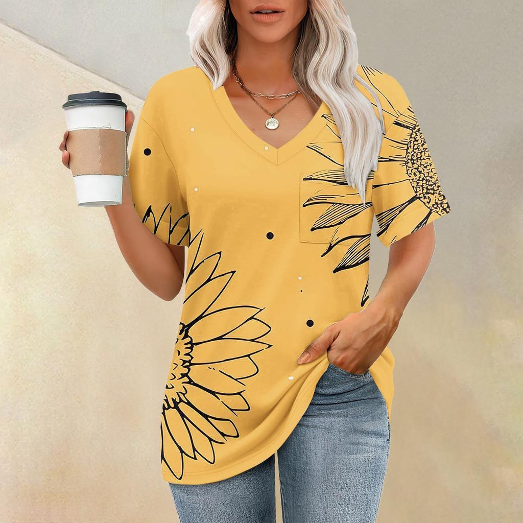 Футболка с коротким рукавом и V-образным вырезом с принтом растений