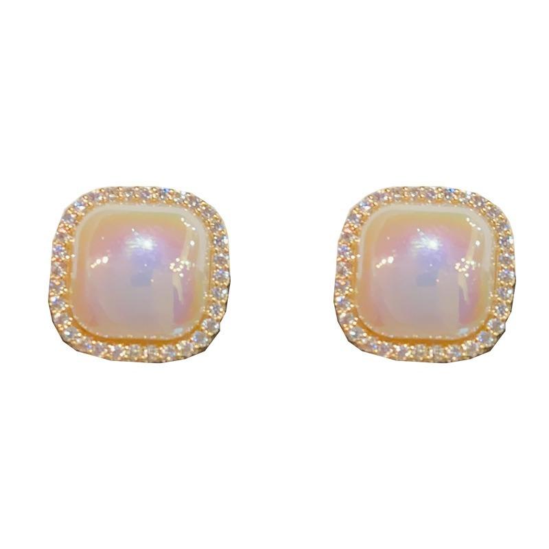 Delicate Square Red Zircon Pearl Stud Earrings Women Versatile Jewelry