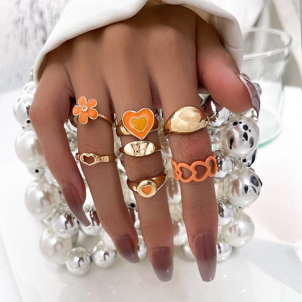 Women's Orange Heart Flower Enamel Ring Set Vintage Gold Statement Stackable Midi Knuckle Rings for Summer Beach Party