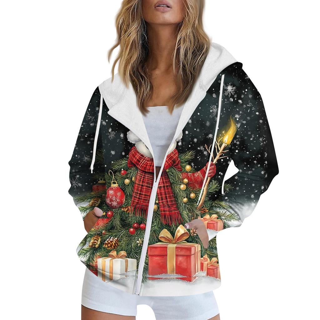 Женская рождественская печатная толстовка осень-зима с длинным рукавом кардиган куртка с карманами на молнии толстовка с капюшоном верхняя одежда