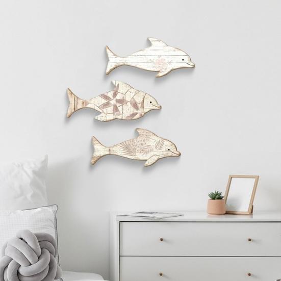 3Pcs/Set Wooden Dolphin Wall Decoration, Flowers Leaves Pattern Fish Wall Art for Beach, Lake House, Nautical Coastal Ocean Theme Hanging Ornament