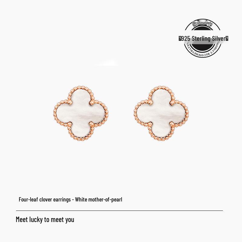 Four-Leaf Clover S925 Silver 9mm Stud Earrings with Red Agate, Black Agate, Turquoise, Butterfly, White Shell, Gray Shell, and Pink Shell for Women.