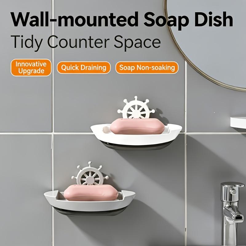 Boat Shaped Soap Dish Wall Mounted No Drill Draining Soap Tray Bathroom Storage Box