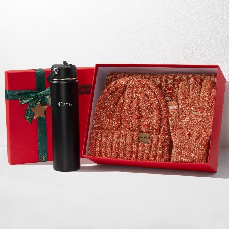 Christmas Hat, Scarf, Gloves, Water Cup Four-piece Set, Winter Velvet Warm Knitted Hat, New Year's Gift Box.