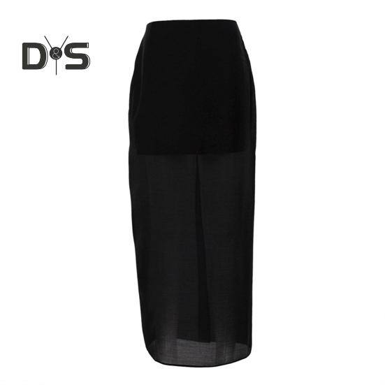 Женская макси-юбка с высокой талией, сетчатая пряжа, перспективная однотонная юбка с разрезом на бедрах, длинная юбка