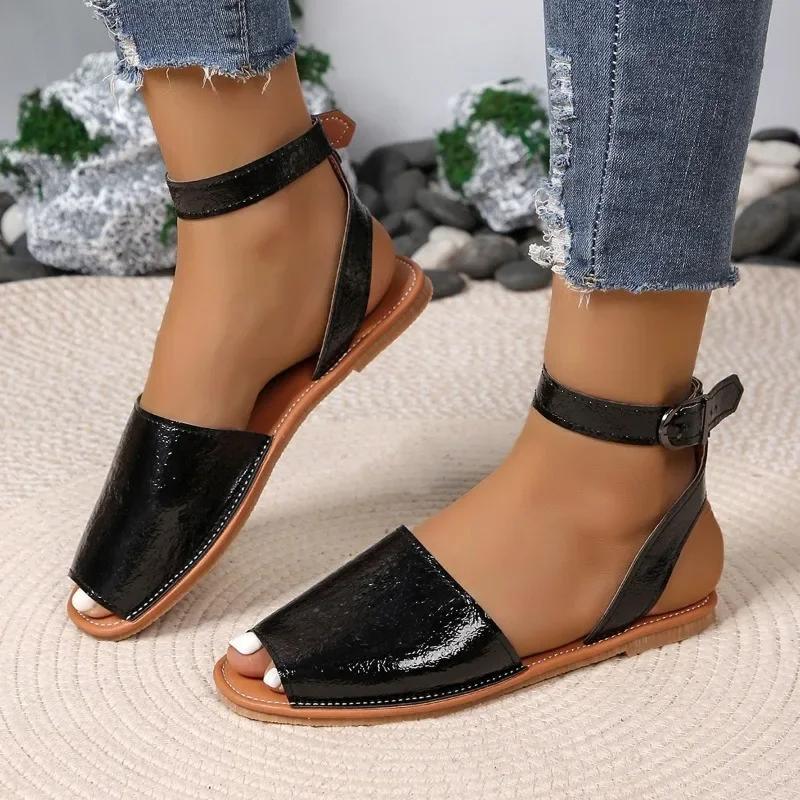 Женские сандалии 2024 лето новые плоские с открытым носком, перфорированные, с пряжкой, шлепанцы, повседневные, удобные, легкие, нескользящие сандалии