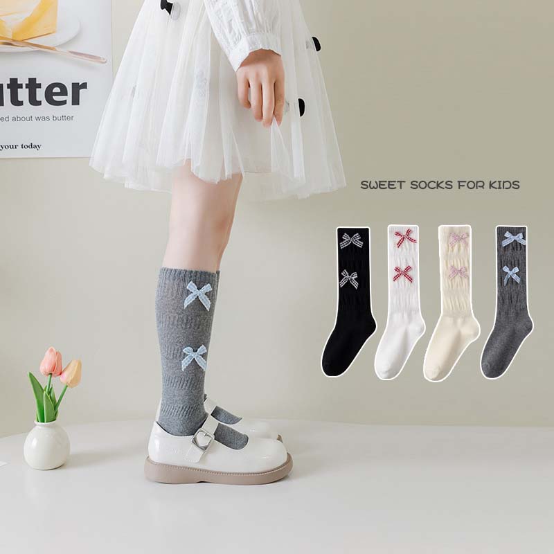 Girls Plaid Bow Knee High Socks 1-12 Years Old Princess JK Uniform Match Cotton Mid Tube Socks For Kids