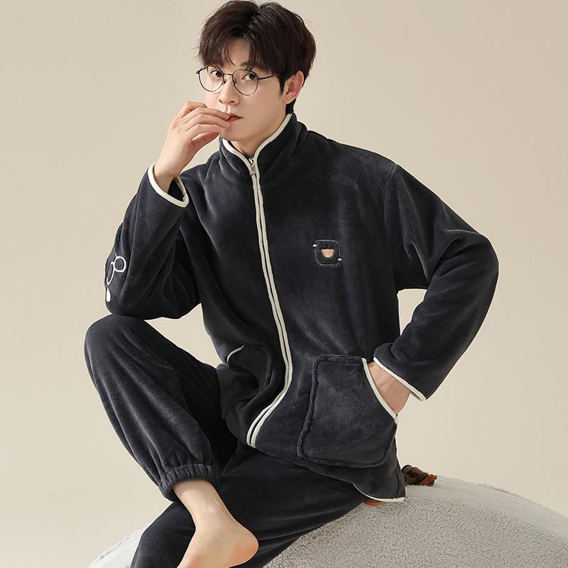 Autumn and Winter Coral Velvet Lovers Pajamas Zipper Cardigan Men's and Women's Thick Velvet Warm Home Suit Can Be Worn Outside
