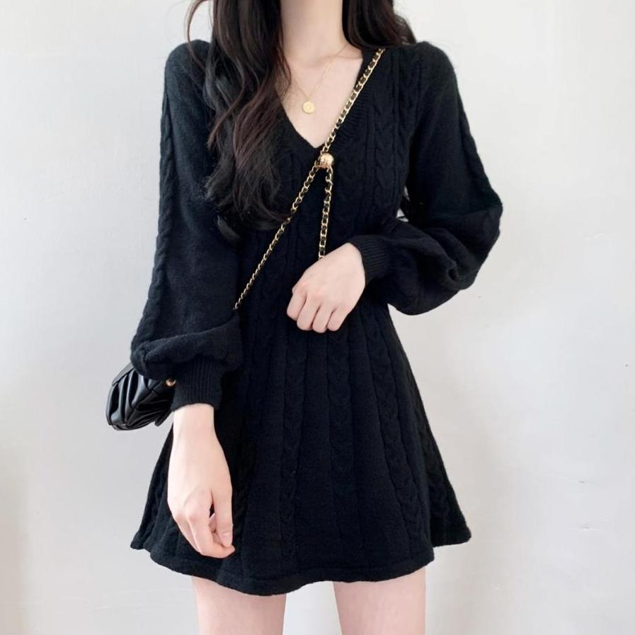 Вязаный вязаный свитер, мини-платье, женские повседневные короткие платья с рукавами-фонариками, осенне-зимняя одежда с v-образным вырезом, женская одежда