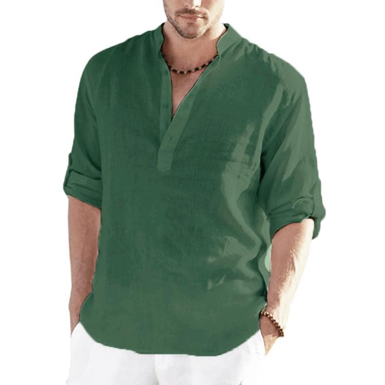 Large Size Men's Spring and Summer Buttoned Top Long Sleeve T-Shirt Solid Loose Fit Linen Shirt