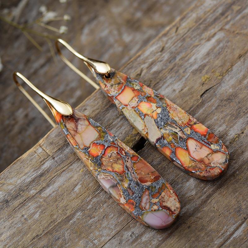 BLINGBAY Women's Bohemian Vintage Natural Stone Drop Earrings Colorful Resin Inlay Long Dangle Earrings Ethnic Jewelry Gift