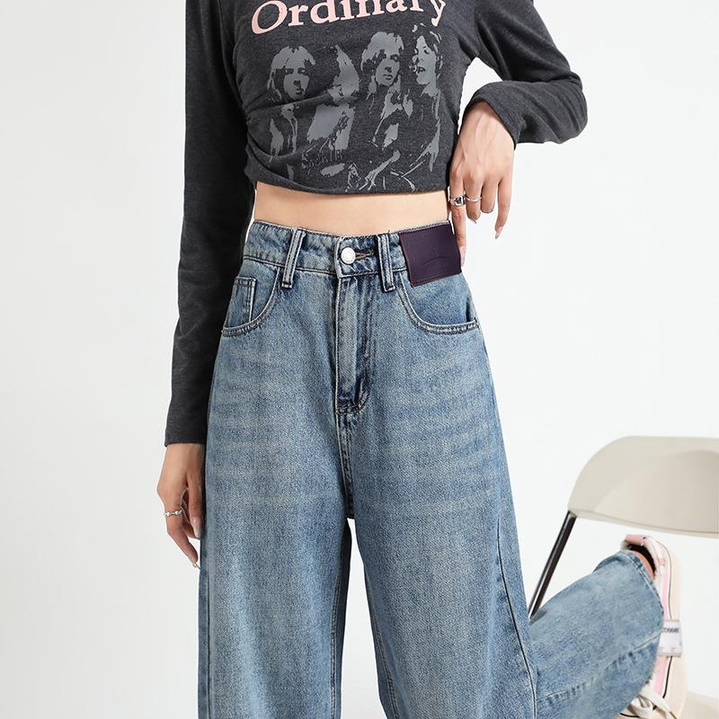 Женские весенние новые тонкие свободные брюки-пэчворк прямого покроя из денима с широкими штанинами