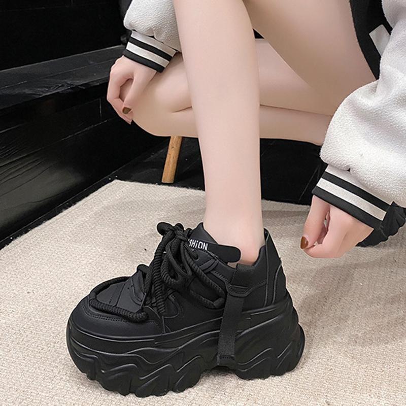 Fashion Women Platform Sneakers Spring Autumn 8CM Hidden Heel Sports Dad Shoes Woman Lace Up Leather White Casual Tennis Shoes Zapatos