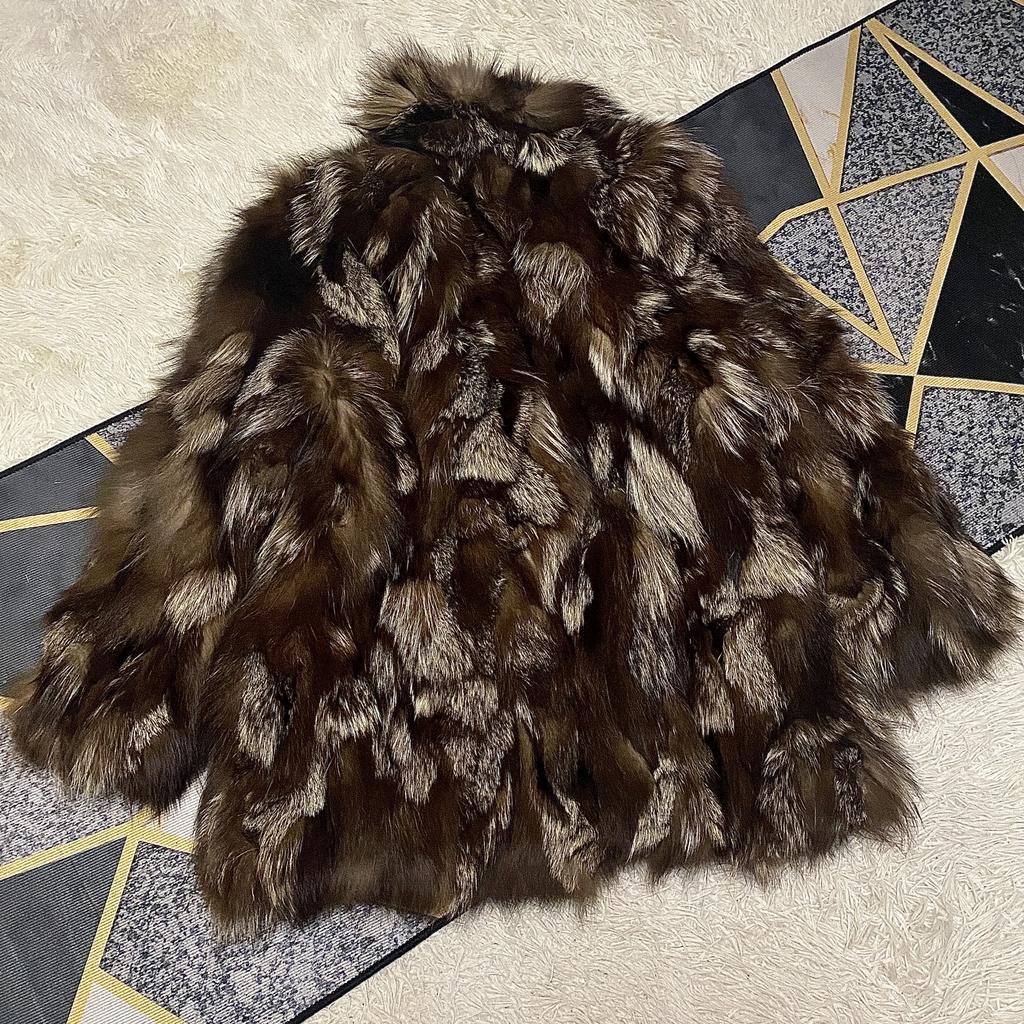 Total Length 77cm SAGA LEATHER BOUTIQUE Thick Voluminous Real Fur Cross Silver Fox Coat Jacket Size M Women's