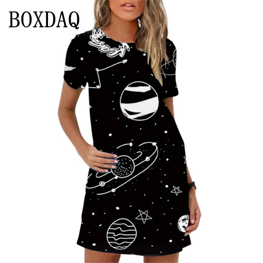 2026 New 3d Colorful Planet Printing Mini Dress Women Summer Short-sleeved Casual Fashion Elegant Round Neck Dress