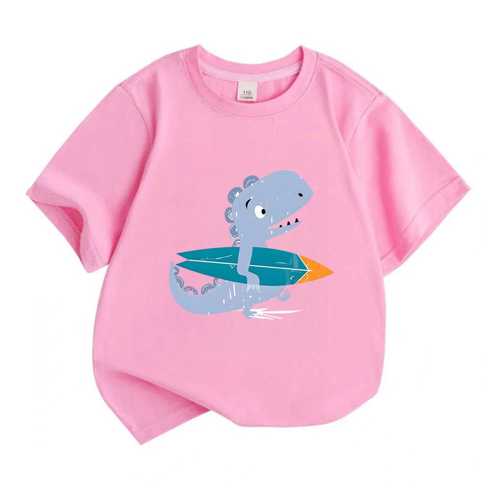 Toddler Kids Boys Girls 100% Cotton Crew Neck Short Sleeve T-Shirt, Cute Surfing Dinosaur Graphic Casual Lightweight Tees for Summer Daily Holiday Bea