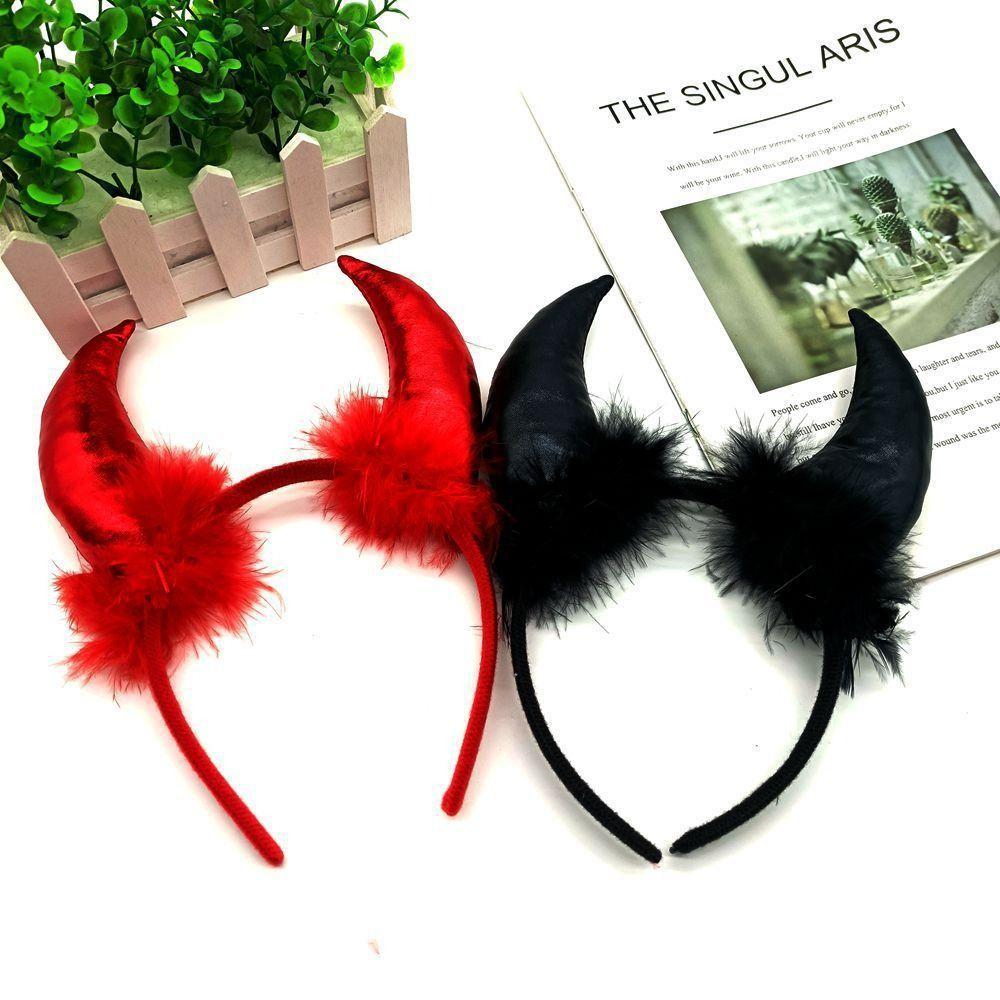 Cosplay Ox Horns Headband Black Feather Demon Hair Hoop Red Halloween Hair Band Women Men