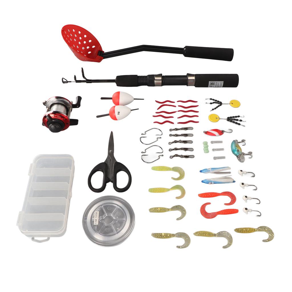 Комплект снастей для подледной рыбалки, 3 секции, 26,4-дюймовое удилище, катушка, крючки, приманки, леска, вращающиеся поплавки-ножницы с местом для хранения