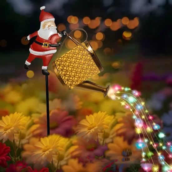 Christmas Santa Solar Kettle Lights Garden Lawn Decorative Lights Waterproof Watering Can String Light Metal Santa Claus Ground Lamp