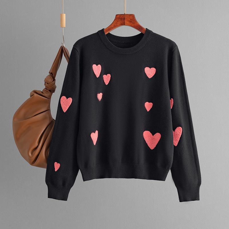 2024 Autumn/Winter Heart Flocking Embroidered Round Neck Long Sleeve Women’s Knit Sweater Pullover