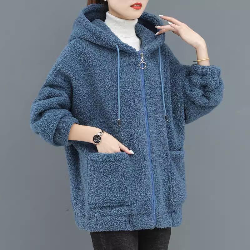 Women Hooded Coat Chic Fleece Thick Solid Color Pockets Long Sleeves Loose Warm Plush Zipper Cardigan Outdoor Autumn Winter New