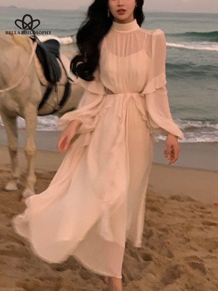 Летнее пляжное праздничное длинное платье Y2k с оборками, винтажное офисное женское повседневное элегантное праздничное платье с длинными рукавами, корейская одежда
