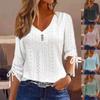 Women's Long Sleeve Top, Solid Color Jacquard, Button Long Sleeve, T-Shirt Top,v-neck Tops