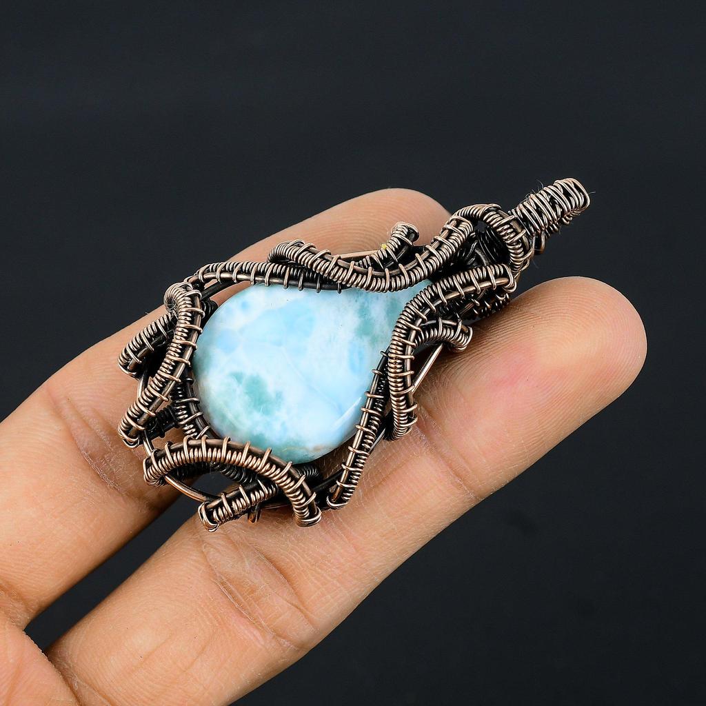 Подвеска с ларимаром, Ювелирное изделие из драгоценного камня, Подвеска, обернутая медной проволокой 999 пробы, Украшения ручной работы, Подвеска с камнем рождения, Подарок для него