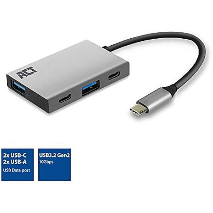 Hub USB-C - ACT - AC7070 - 2 Ports - Transfert 10 Gbps - Plug and Play - Léger