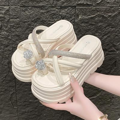 Модные женские летние блестящие шлепанцы на толстой подошве, шлепанцы на высокой платформе, танкетка 8,5 см, слайды, милые сандалии для девочек, шлепанцы с открытым носком для пляжа