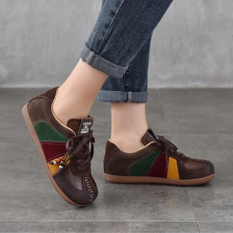 Johnature Женская обувь на плоской подошве со шнуровкой, из натуральной кожи, в стиле ретро, смешанных цветов, универсальная, на все сезоны