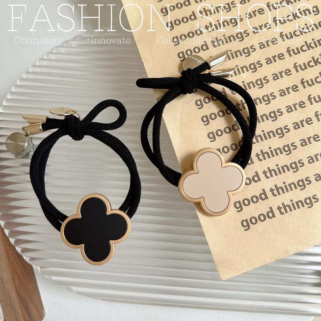 Korean High-End Four-Leaf Clover Hair Tie for Women - Non-Tightening Summer Ponytail Accessory with Black Leather Case