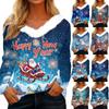 Женская рождественская рубашка с длинным рукавом и принтом V-образным вырезом, повседневная свободная футболка, топы