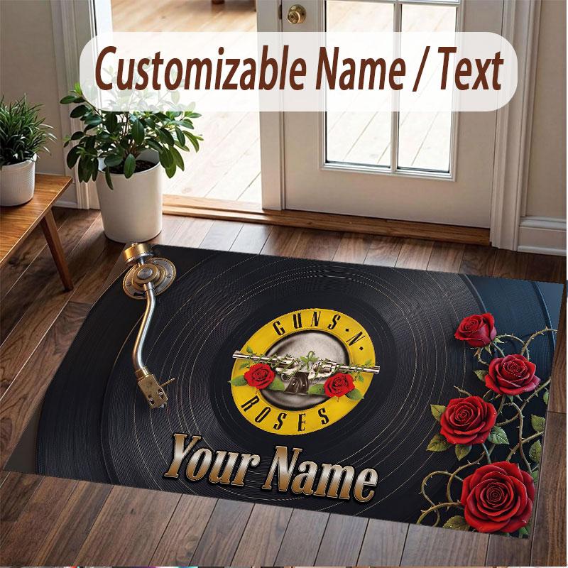 Custom Rug Guns N’ Roses Pattern Print Name Text Soft Non‑Slip Floor Carpet for Home Indoor Decoration