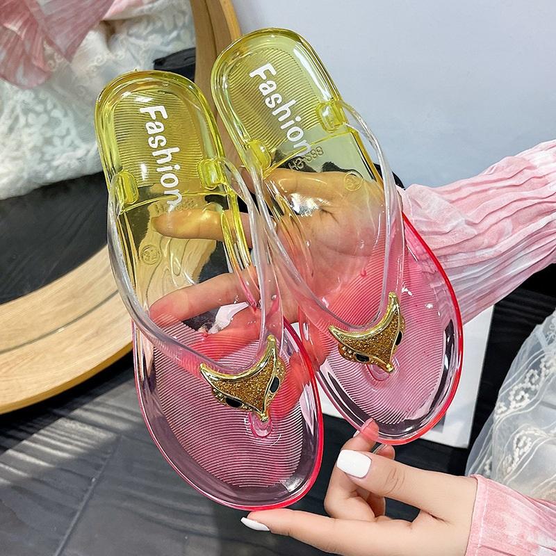 Crystal Flip-flops Women's Flat-bottomed Outdoor Slippers Women's Layered Jelly Beach Shoes Clip Toe Casual Slippers