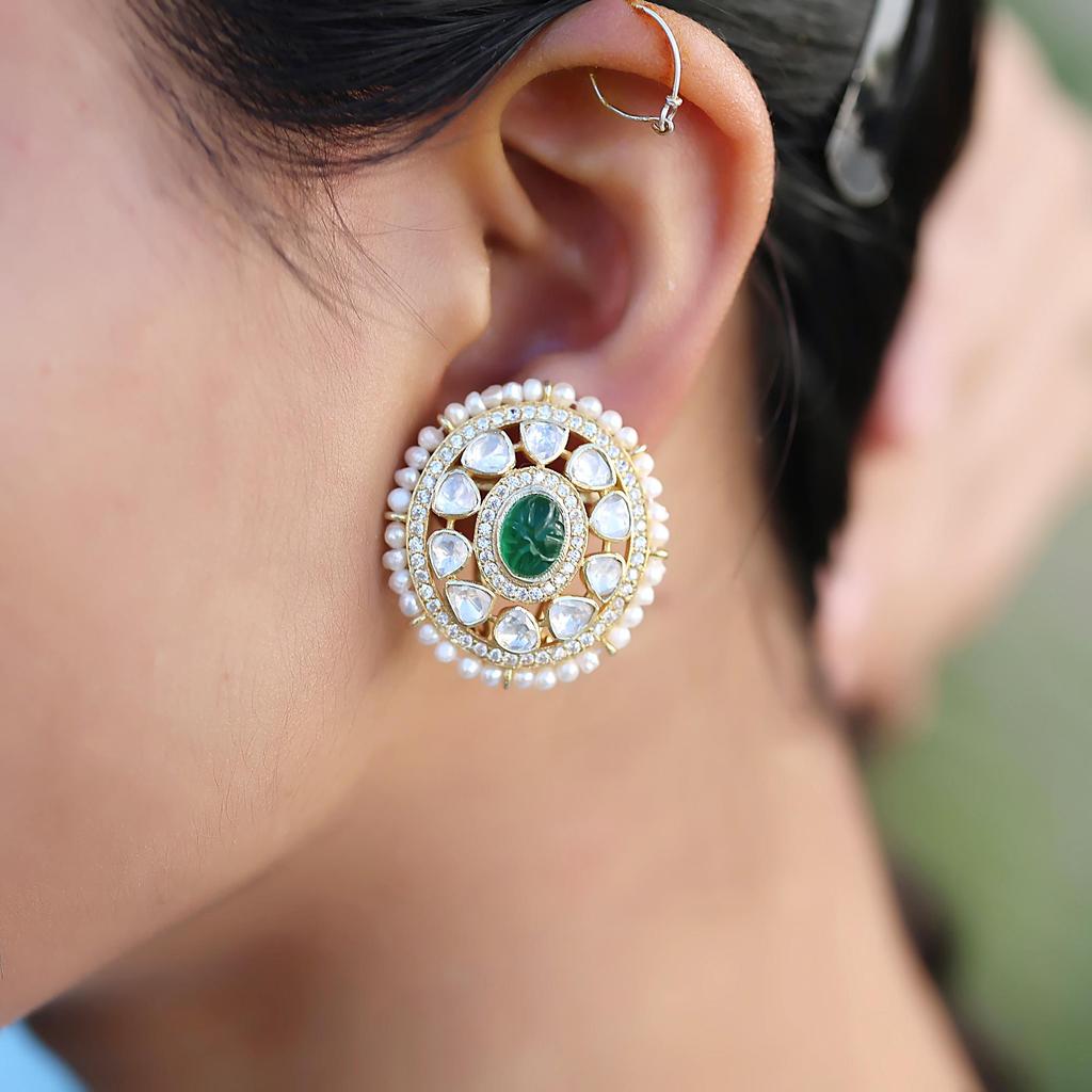 Kundan Gold Plated Stud Earring 925 Sterling Silver Jewelry Handmade Moissanite Earring