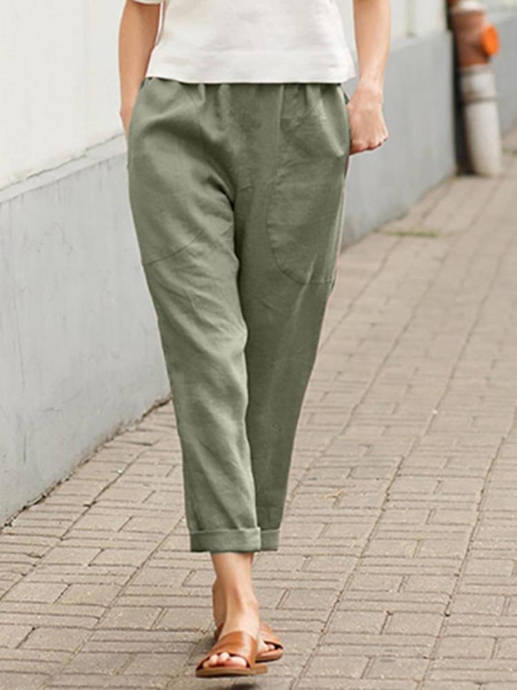 Женские летние свободные длинные брюки удобные хлопково-льняные брюки женские однотонные с двойным карманом повседневная одежда