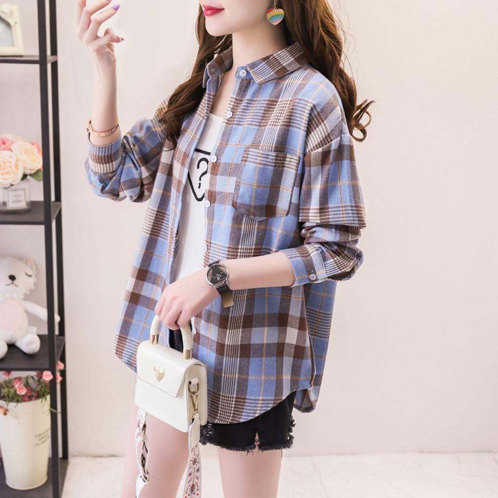 Женская модная повседневная универсальная клетчатая рубашка с длинными рукавами, студенческая рубашка, пальто, топ