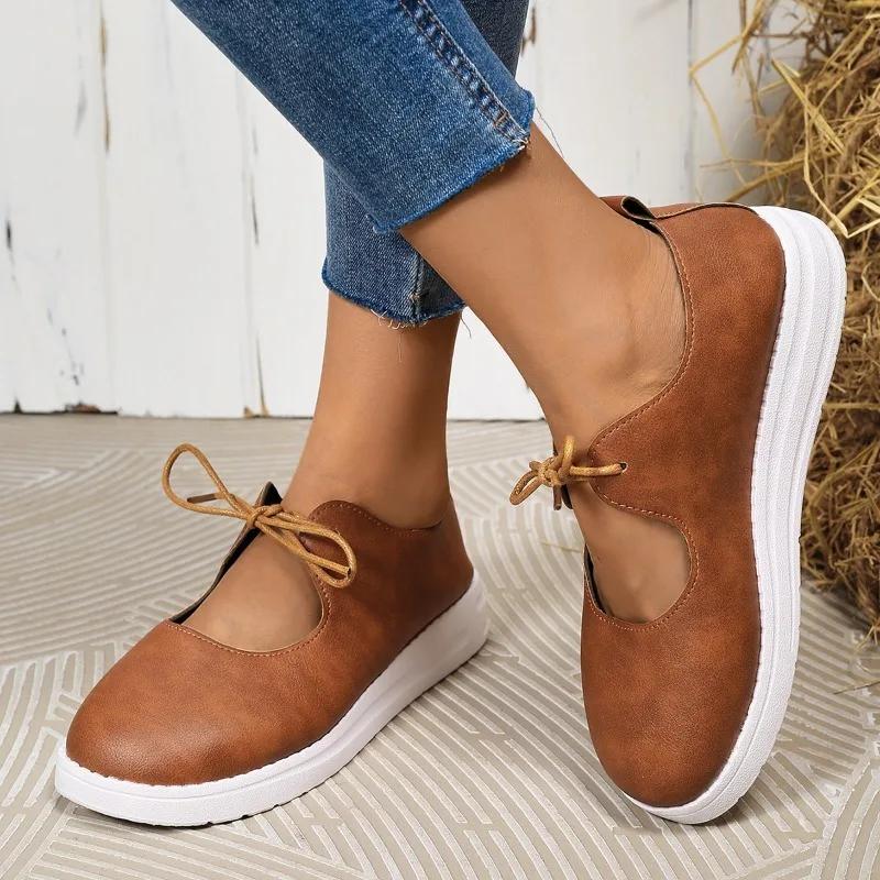 Fashion 2024 Hot Sale Women's Shoes Lace-up Women's Vulcanize Shoes Fashion Round Head Ladies Casual Shoes New Plus Size Flat Low Heels