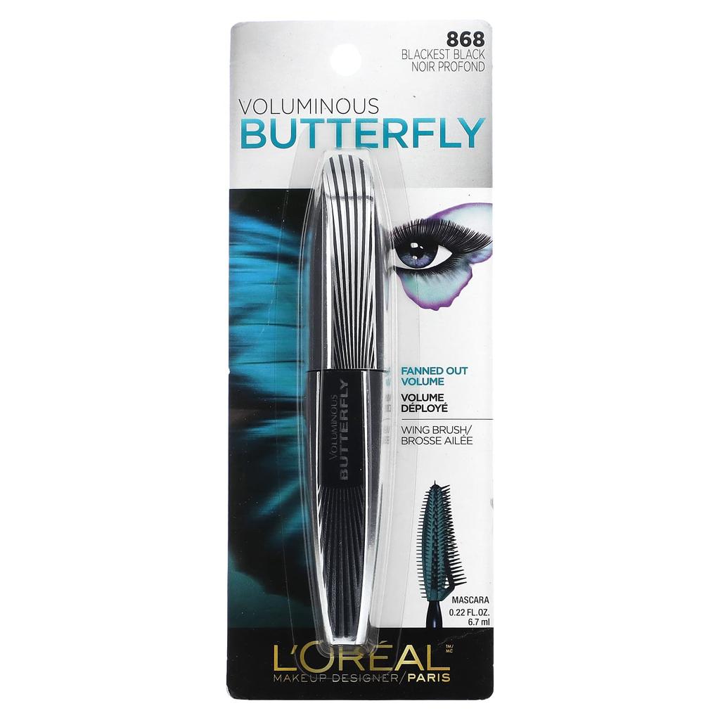 L'Oréal, Volumizing, Butterfly Mascara, 868 Blackest Black, 6.7 Ml (0.22 Fl Oz)