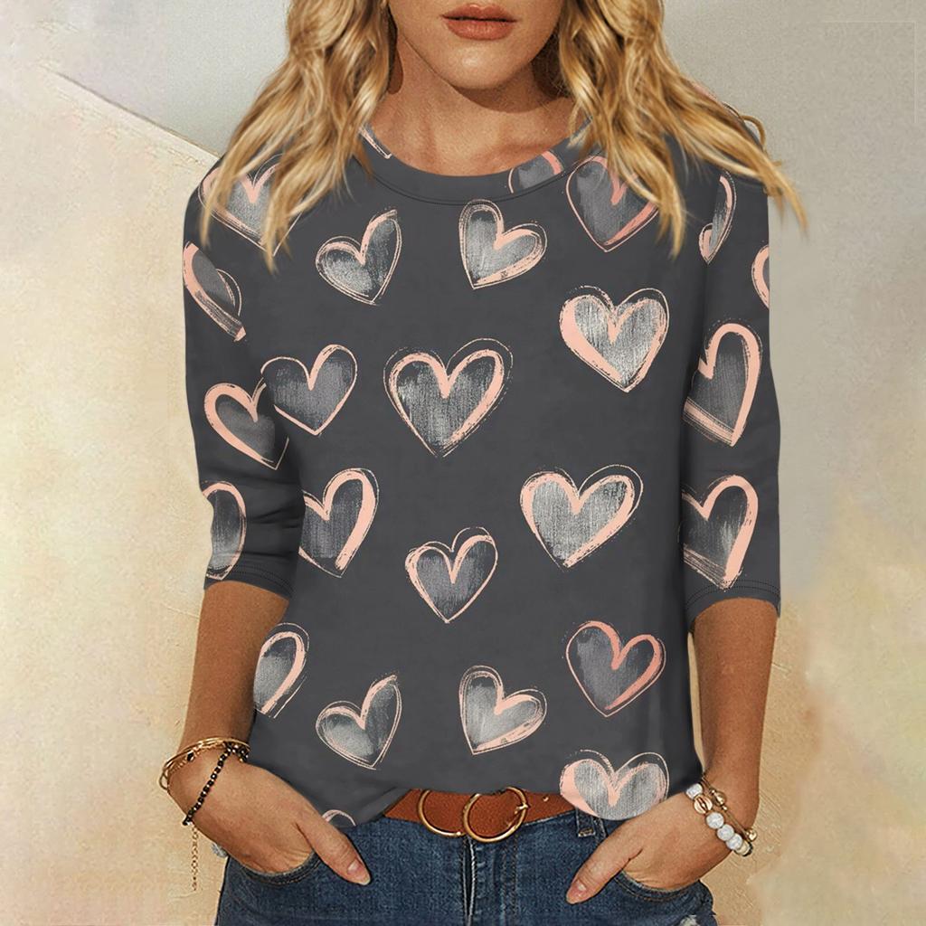 Women's Fashion Casual Round Neck 3/4 Sleeve Loose Valentine's Day Printed T-Shirt Ladies Top
