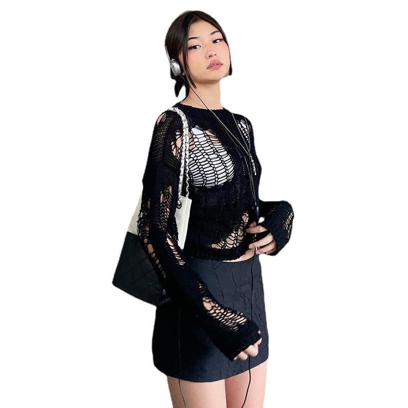 Women Hollowed Knitted Sweater Smock Female Personality Loose Outer Wear Sweater Tops