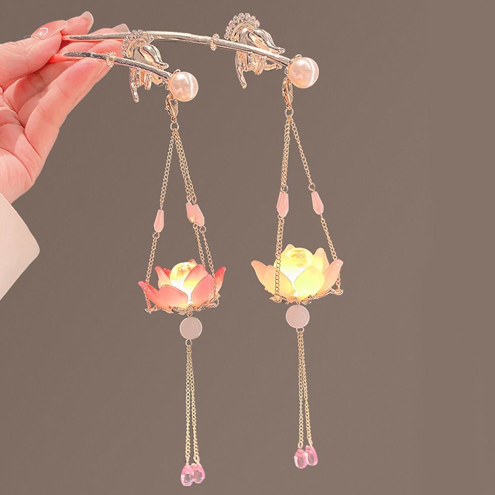 Pearl LED Light Hair Fork Lotus Luminous Lotus Hairpin Headwear Lantern Hair Stick Girls
