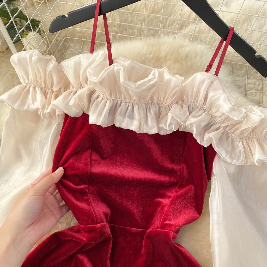 Elegant Ruffle Patchwork Velvet Dress Women Contrast Color Long Sleeve Split Evening Dresses Autumn Winter New Sweet Red Prom Clothes