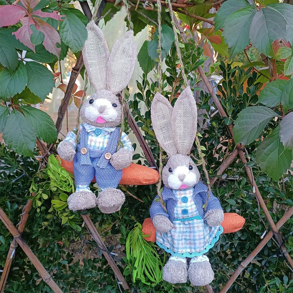 2pcs 35cm Swing Straw Bunnies Cute Exquisite Lifelike Straw Bunny Decorations for Home Garden Yard Blue Checkered Type